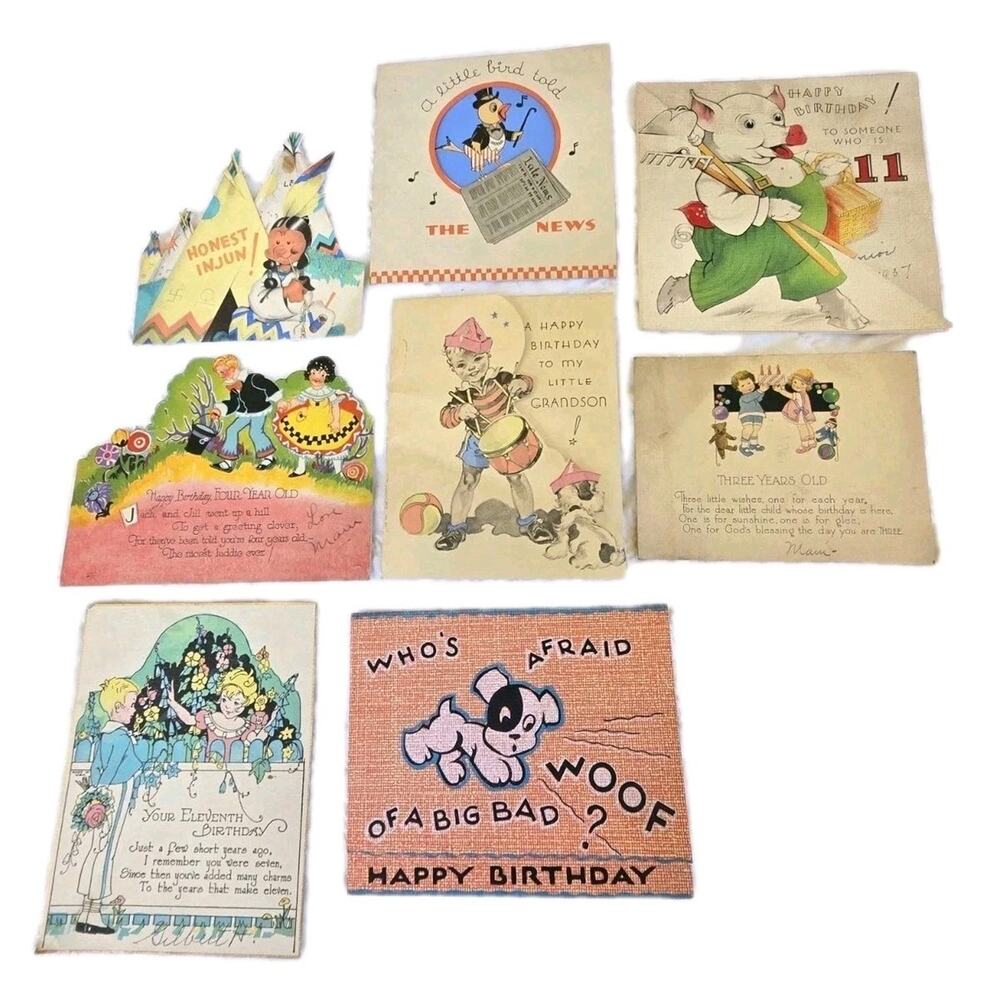 Vintage Birthday Card Used Ephemera Lot Of 8- Unique, One Of A Kind, Scrapbook
